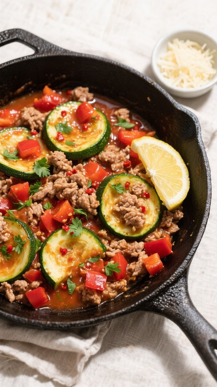 Tasty top view (overhead skillet shot): Overhead shot of the finished ground turkey zucchini skillet