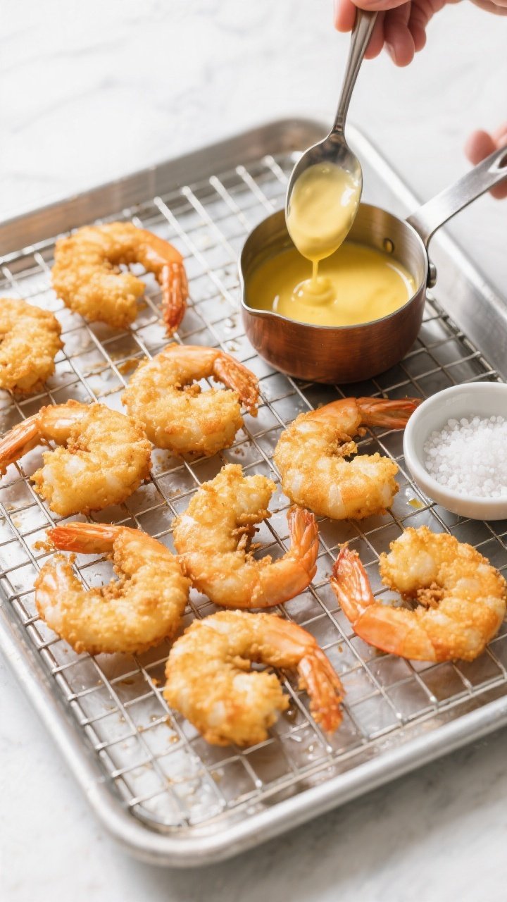 Tasty top view (process stage): Overhead shot of freshly fried shrimp resting on a wire rack over a