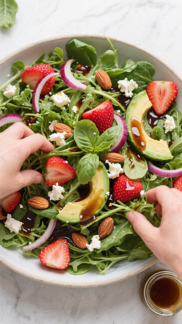 Tasty top view — Salad assembly: Overhead shot of a large bowl of mixed spring greens being gently