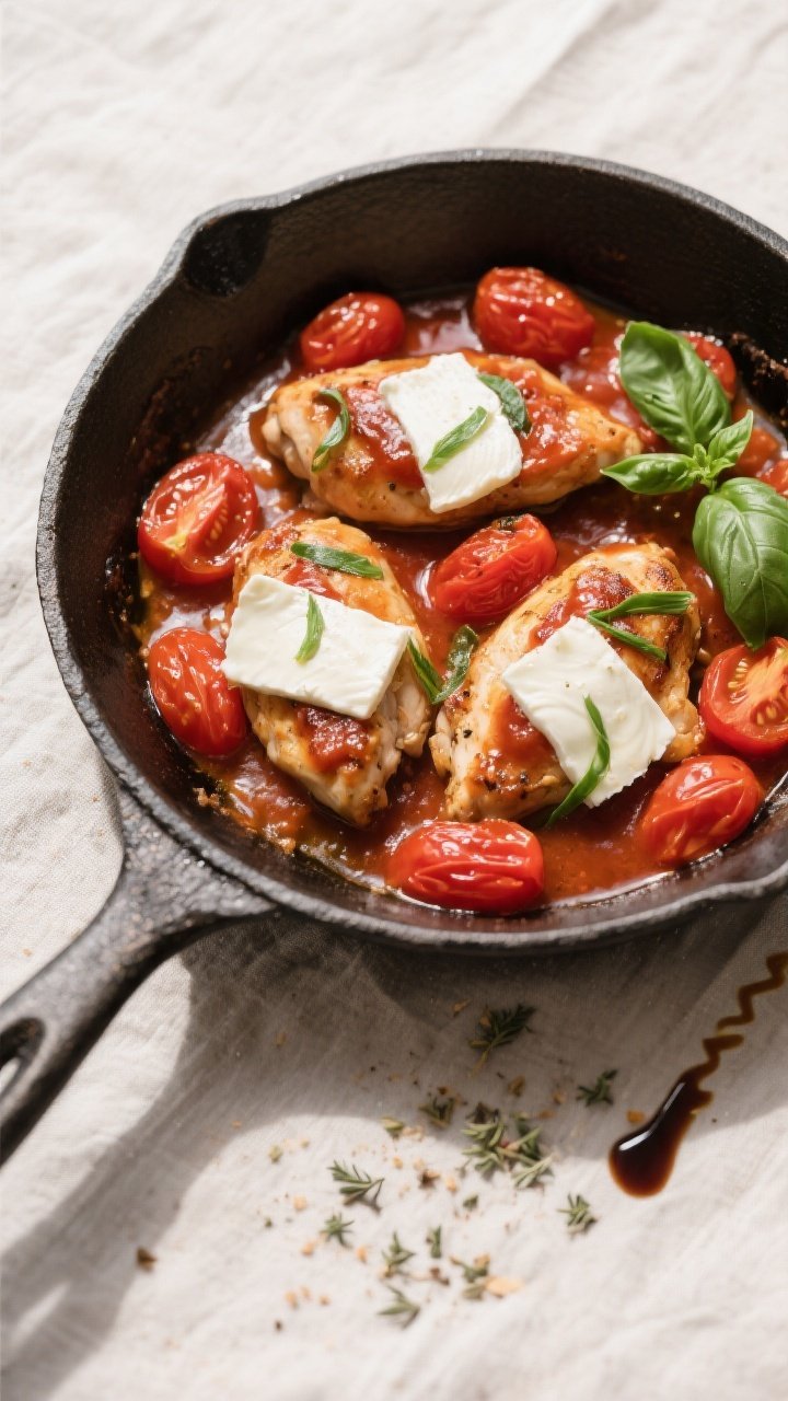Tasty top view — Saucy skillet before cheese melts: Overhead shot of the one-pan Caprese chicken s