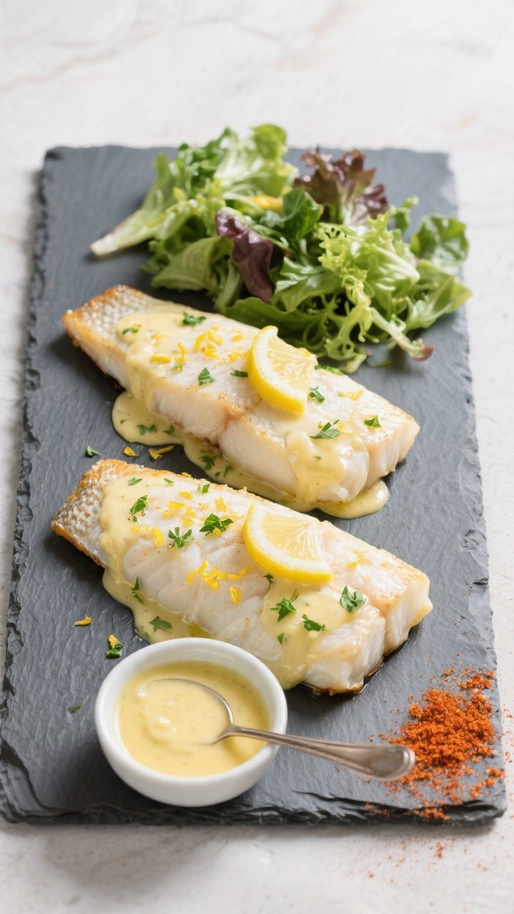 Tasty top-view shot: Overhead image of two cod fillets arranged side-by-side, generously spooned wit