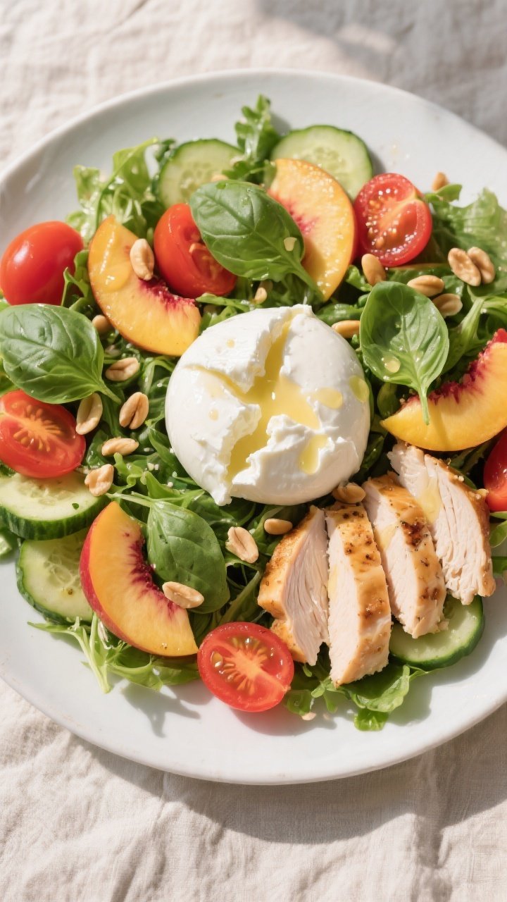 Tasty top view, styled overhead: Overhead shot of the assembled salad just before serving—greens l