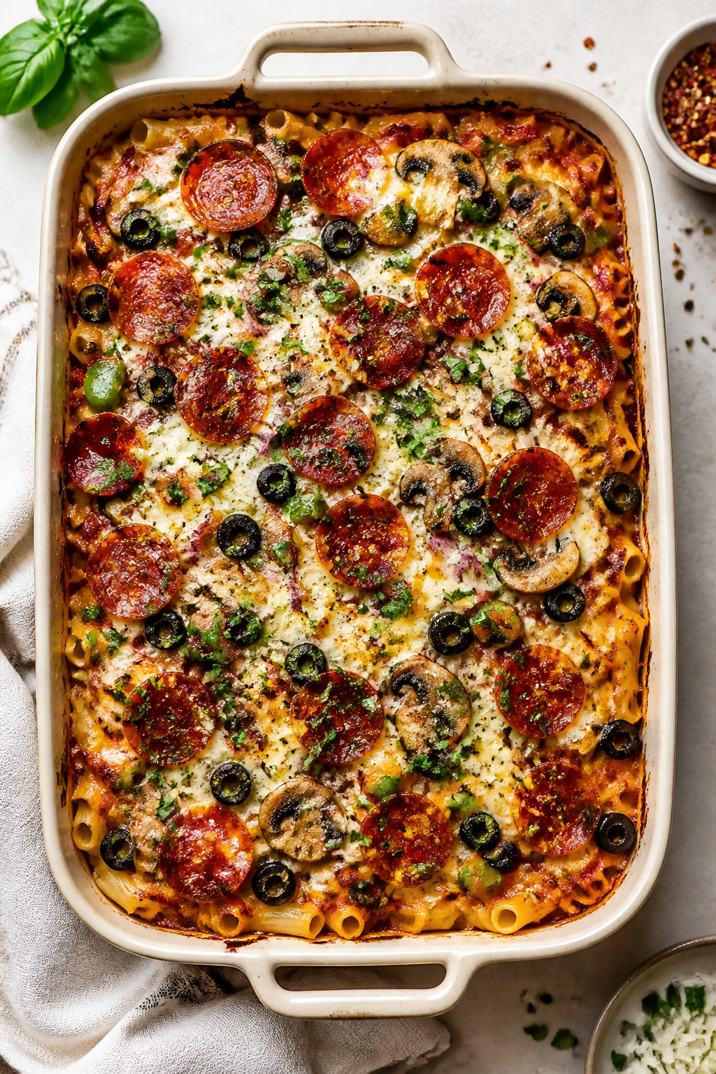 Tasty top view — supreme-style finish: Overhead shot of the fully baked pizza pasta casserole in t