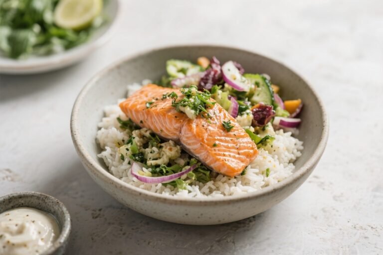 Healthy Greek Salmon Rice Bowls – Bright, Fresh, and Satisfying