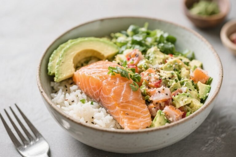 High-Protein Salmon Avocado Rice Bowl – Simple, Fresh, and Satisfying