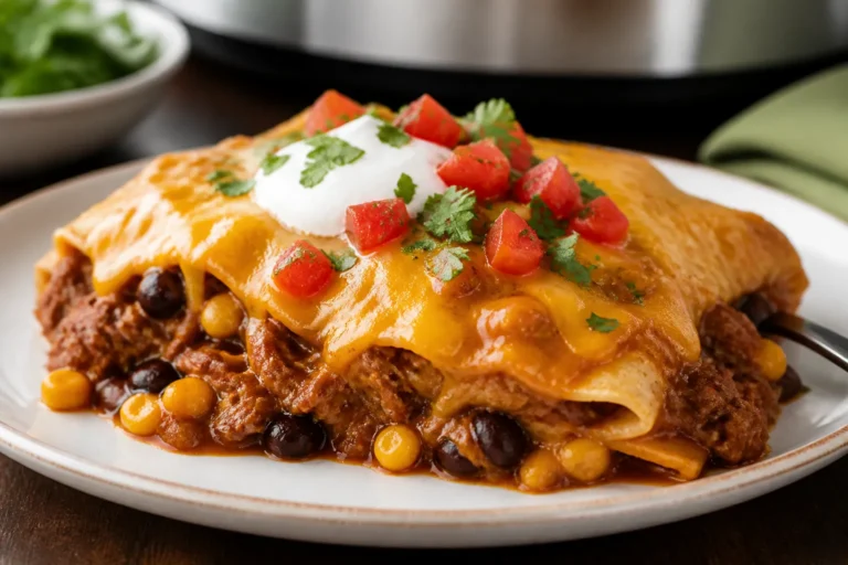 Slow Cooker Beef Enchilada Casserole – Cozy, Cheesy, and Easy