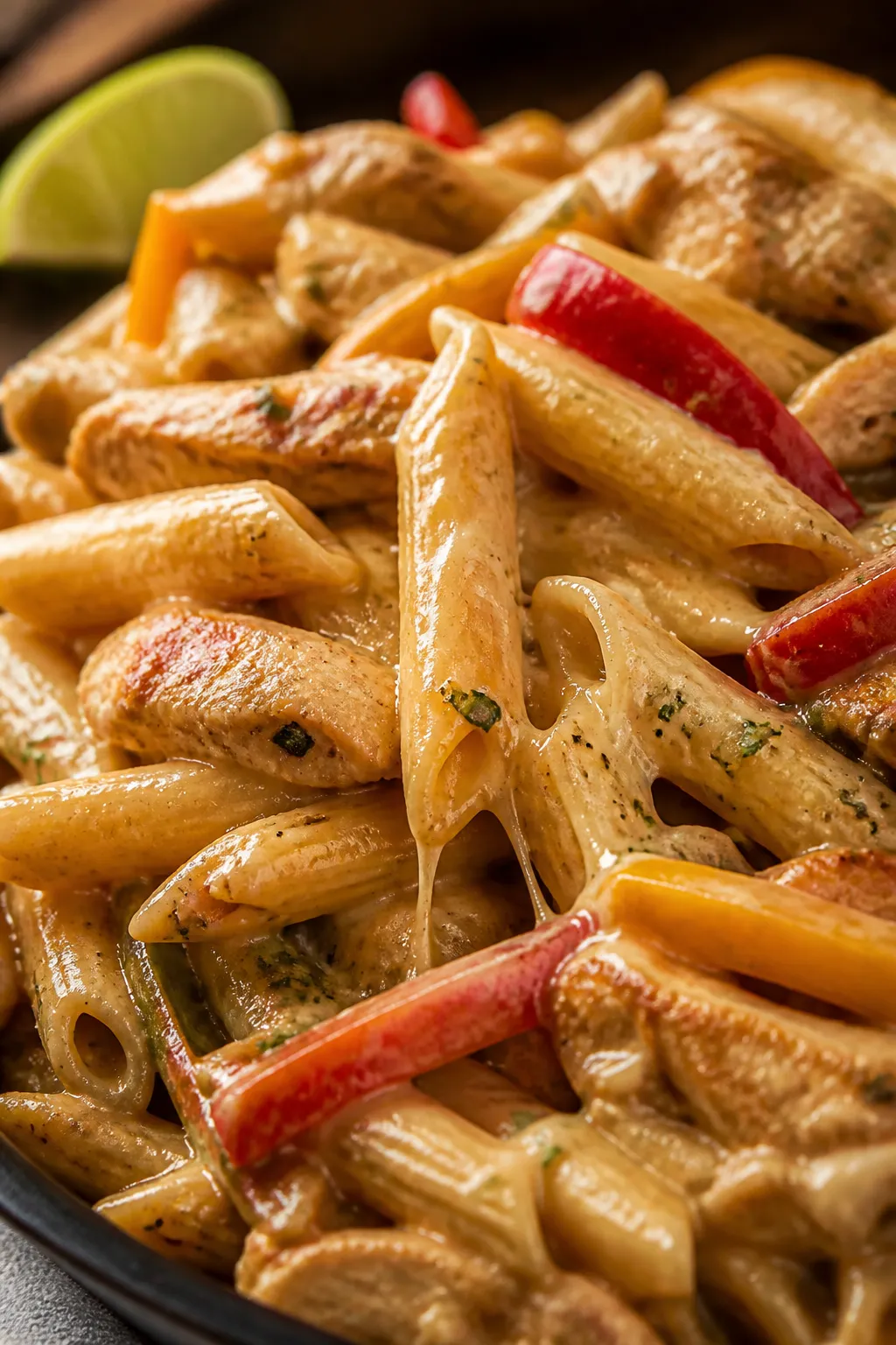 Close-up creamy sauce toss: Macro shot of penne coated in a silky Greek-yogurt fajita sauce, glossy