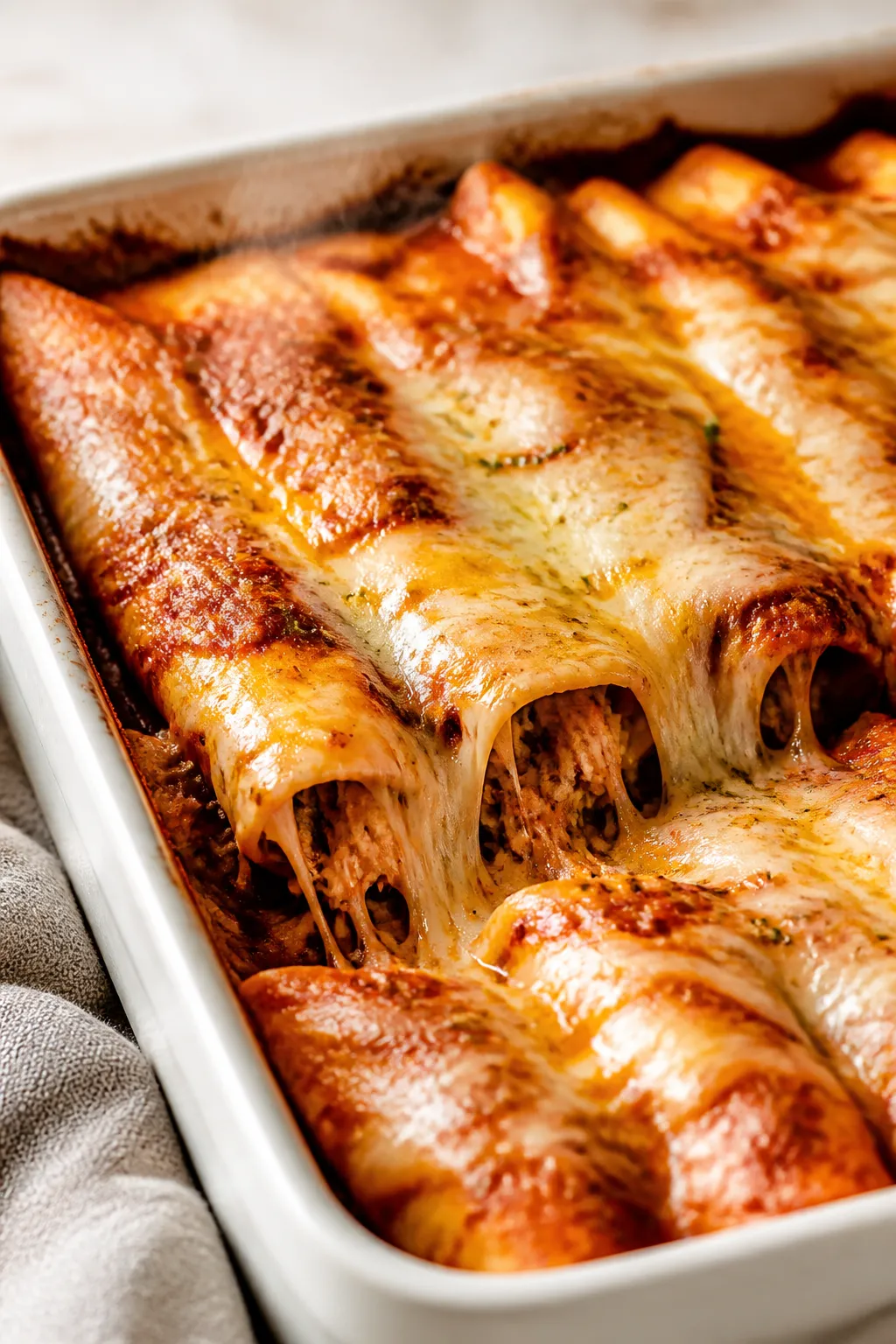 Close-up detail: A just-baked pan of high protein chicken enchiladas pulled from the oven, cheese me