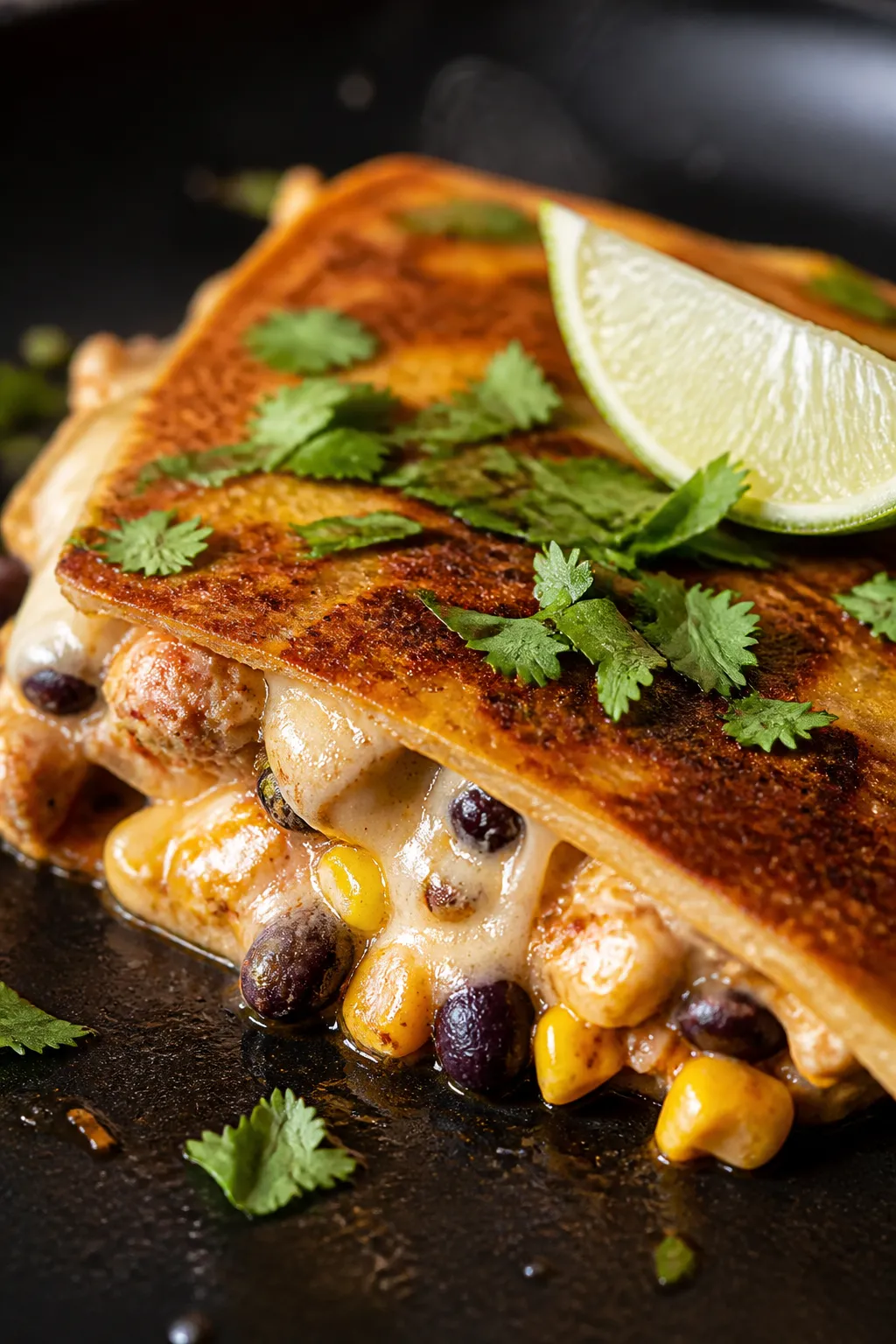 Close-up detail: A just-cooked chicken quesadilla half on a skillet, edges deeply golden and crisp w