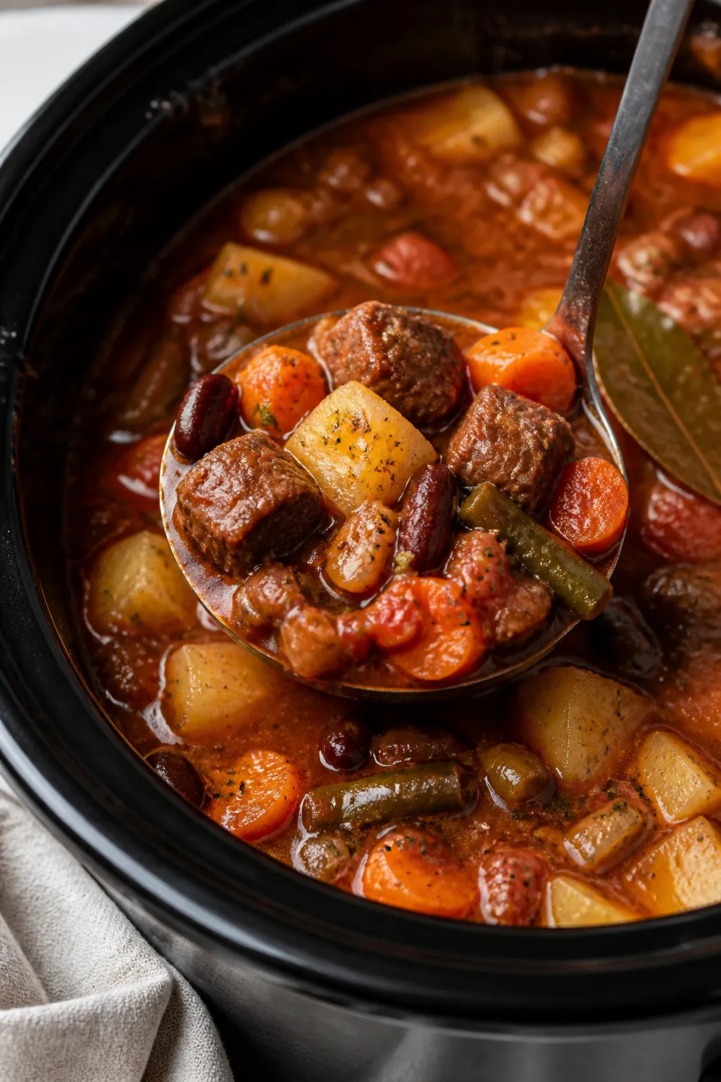 Close-up detail: A ladle lifting tender, browned beef cubes and soft Yukon Gold potatoes from a stea