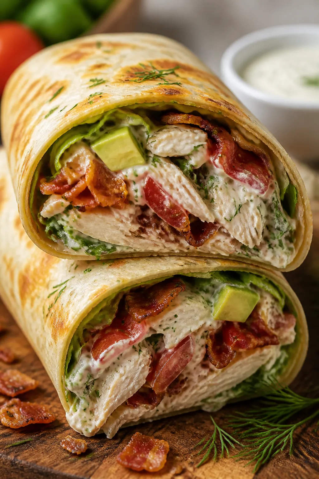 Close-up detail: A sliced Chicken Bacon Ranch Wrap on a wooden board, showing juicy shredded chicken