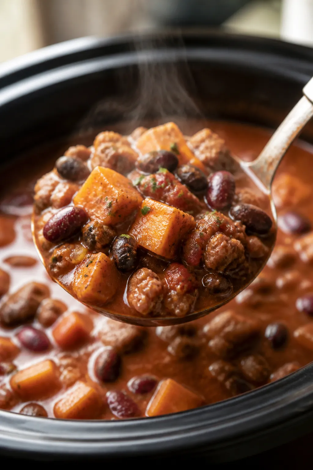 Close-up detail: A steaming spoonful of crockpot turkey sweet potato chili lifted from the slow cook