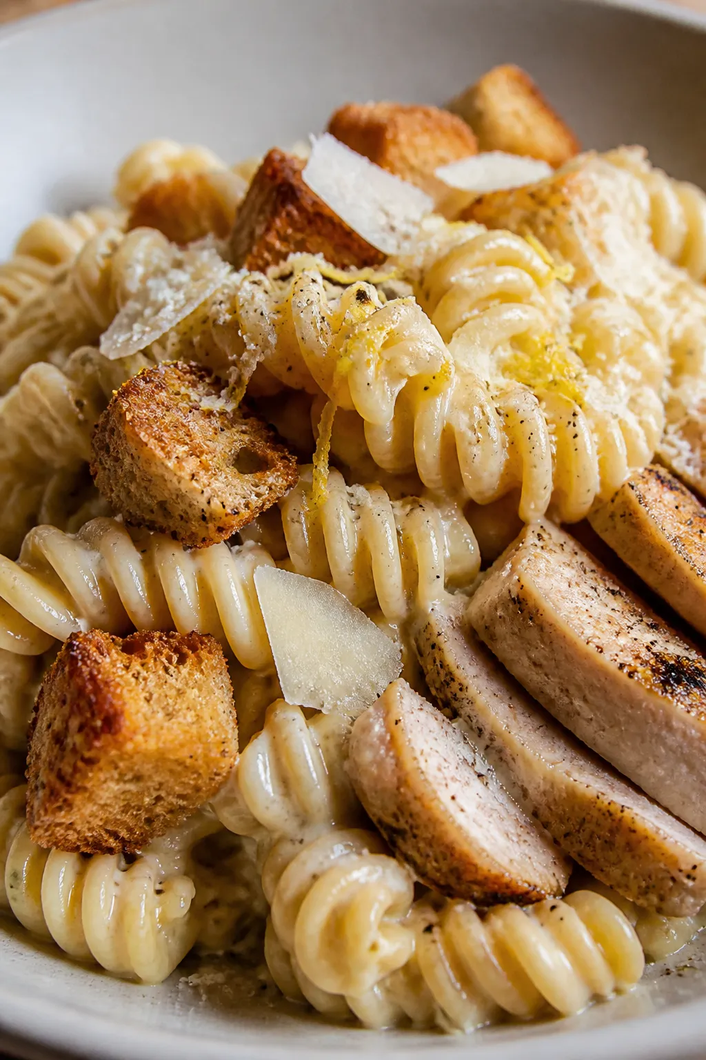 Close-up detail: A tangle of al dente rotini coated in creamy Caesar dressing with visible lemon zes