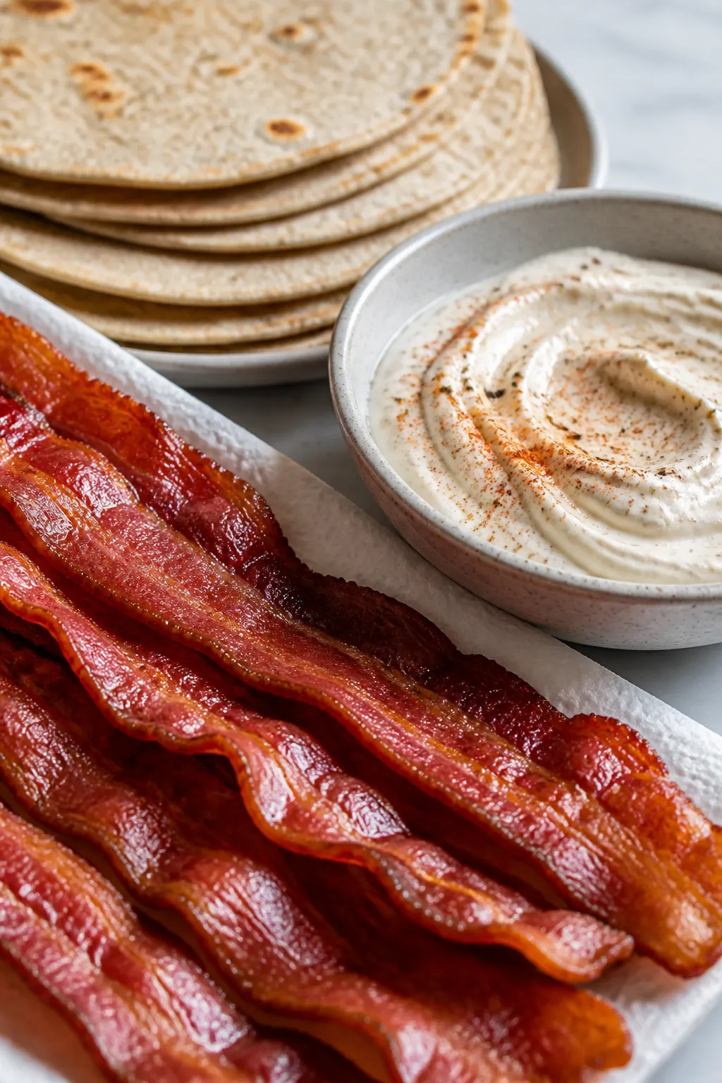 Close-up detail: A tight macro shot of crispy turkey bacon cooling on paper towels beside a plate of