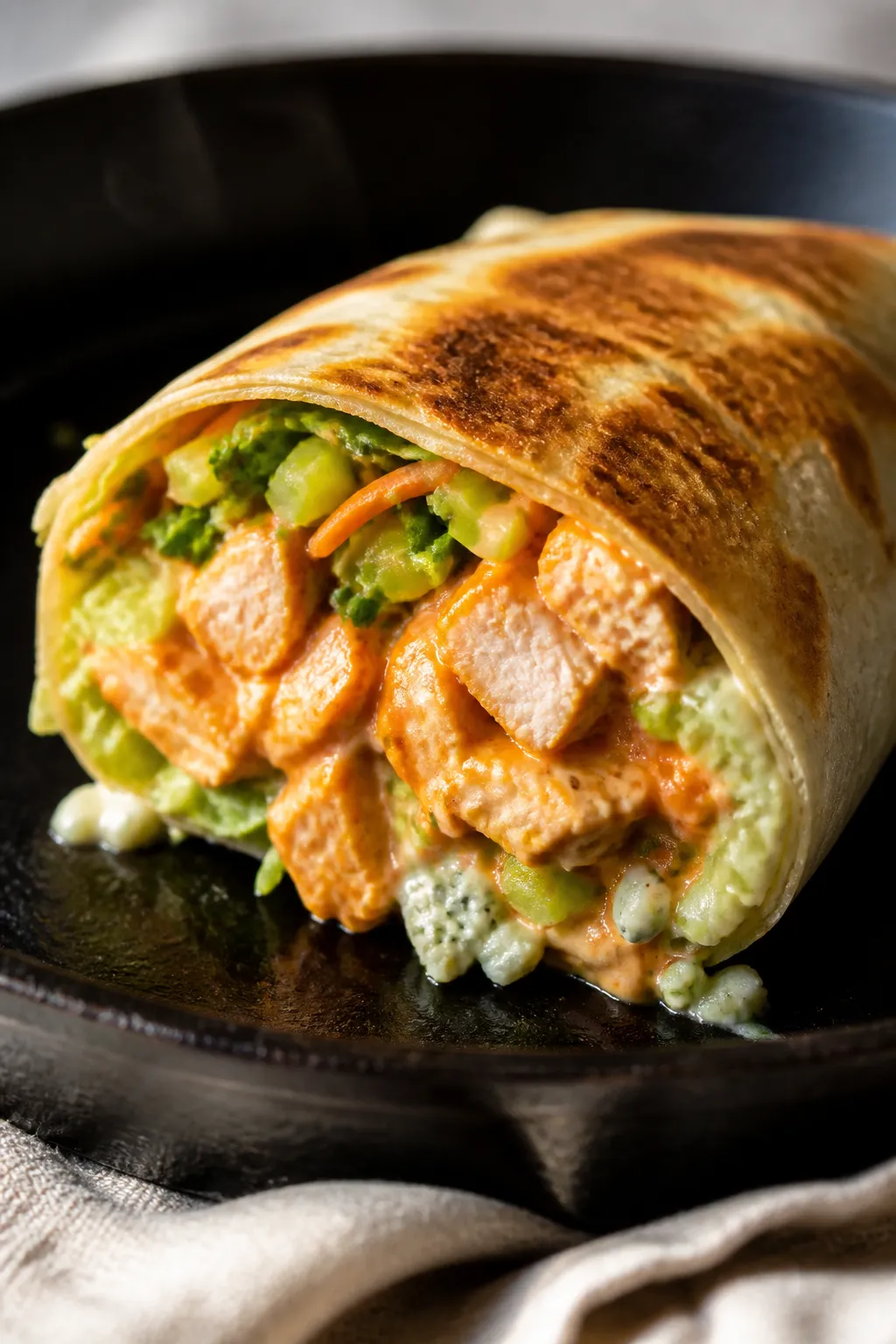 Close-up detail: A warm, just-seared buffalo chicken wrap half on a cast-iron skillet, cut side faci