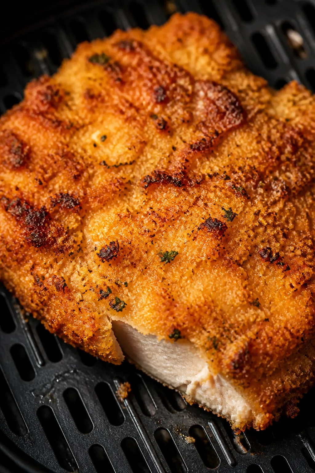 Close-up detail: Air fryer Parmesan-crusted chicken cutlet just out of the basket at 400°F—deep g