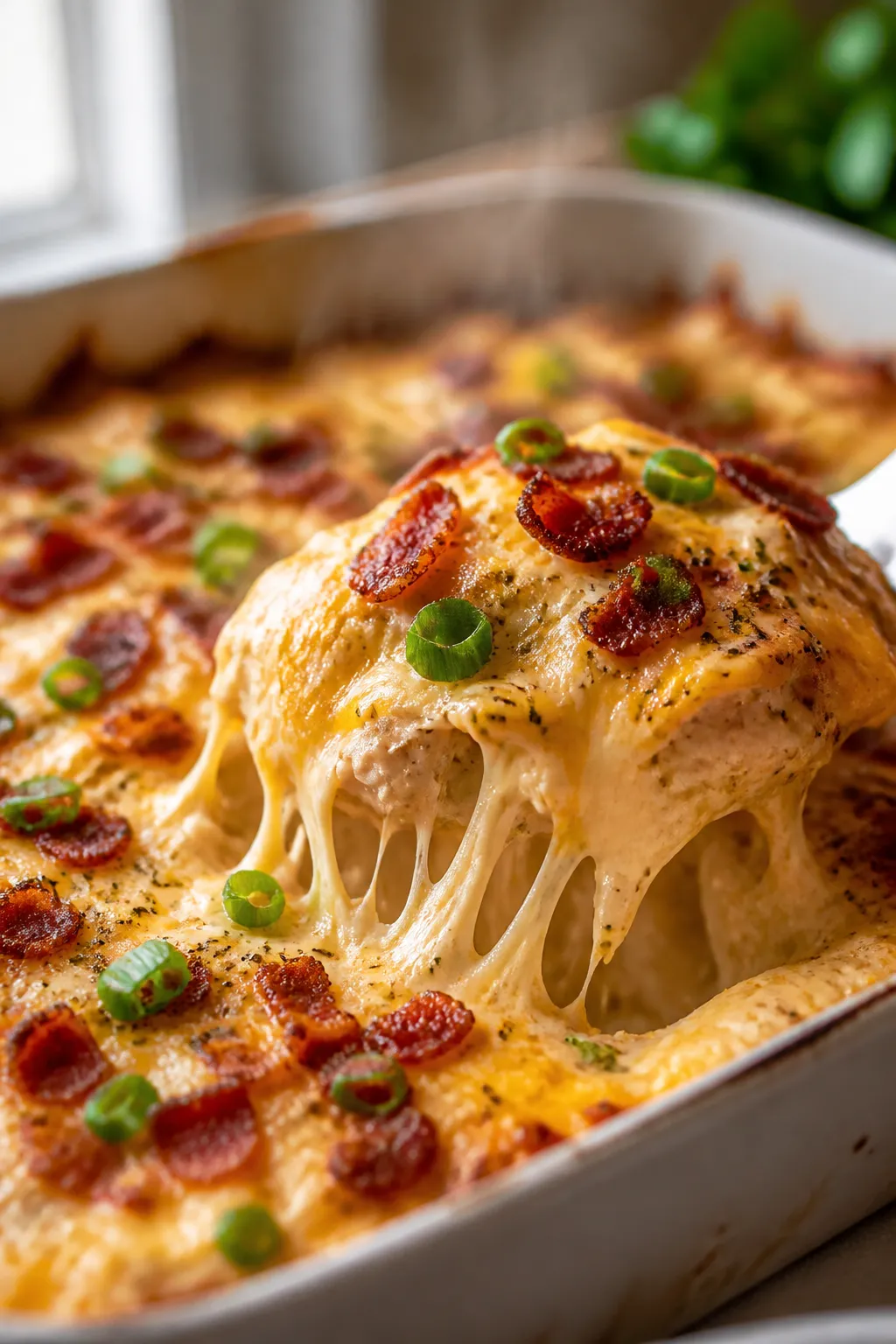 Close-up detail: Bubbly, golden-brown High Protein Crack Chicken Bake just out of the oven, cheese p