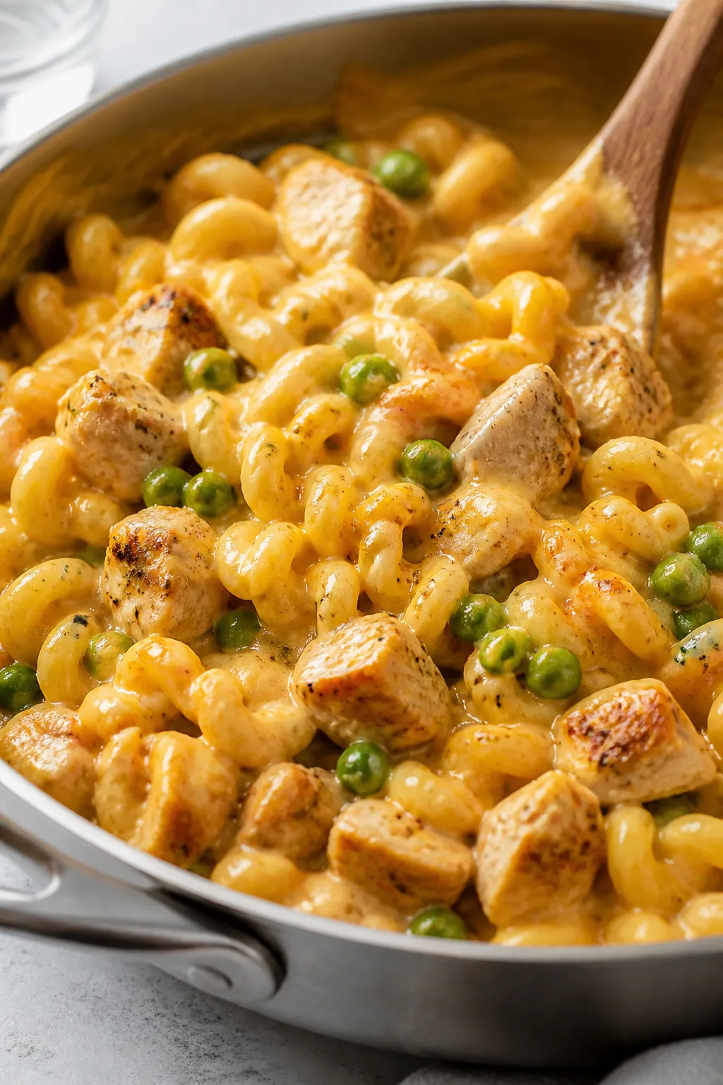 Close-up detail: Creamy chicken mac and cheese being folded together in a large saute pan, showing g