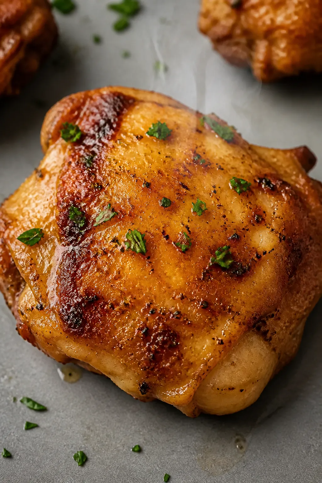 Close-up detail: Crispy air-fried ranch chicken thigh just after cooking, skin-side up with blistere