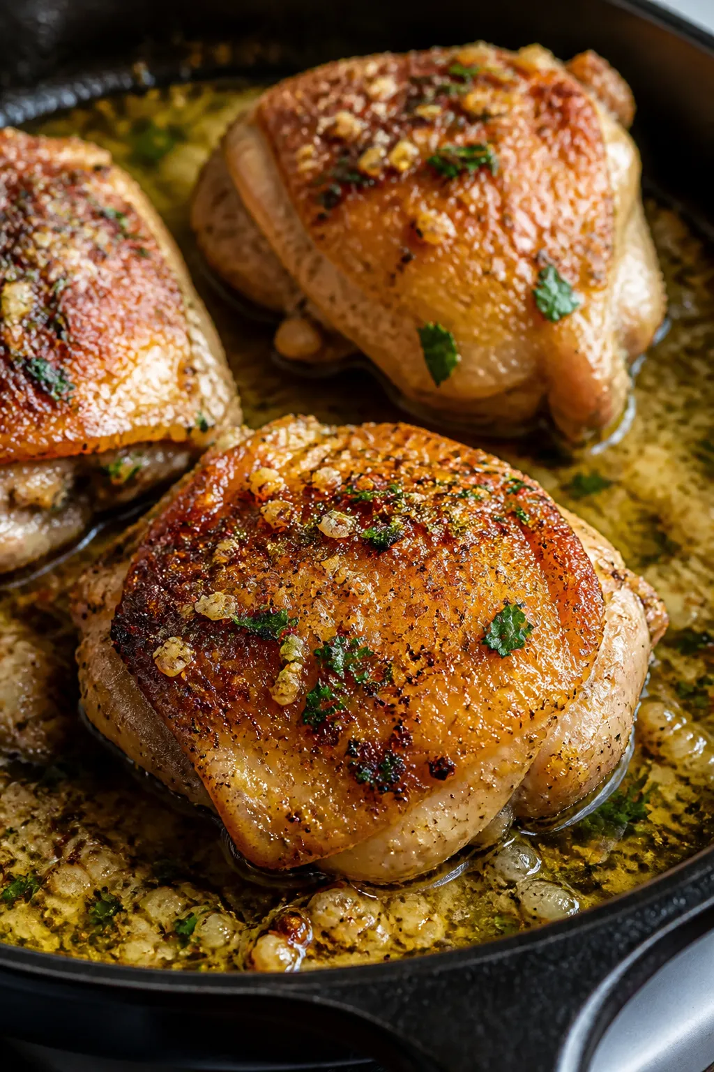 Close-up detail: Crispy, golden-brown chicken thighs just after oven finish, skin-side up in a black