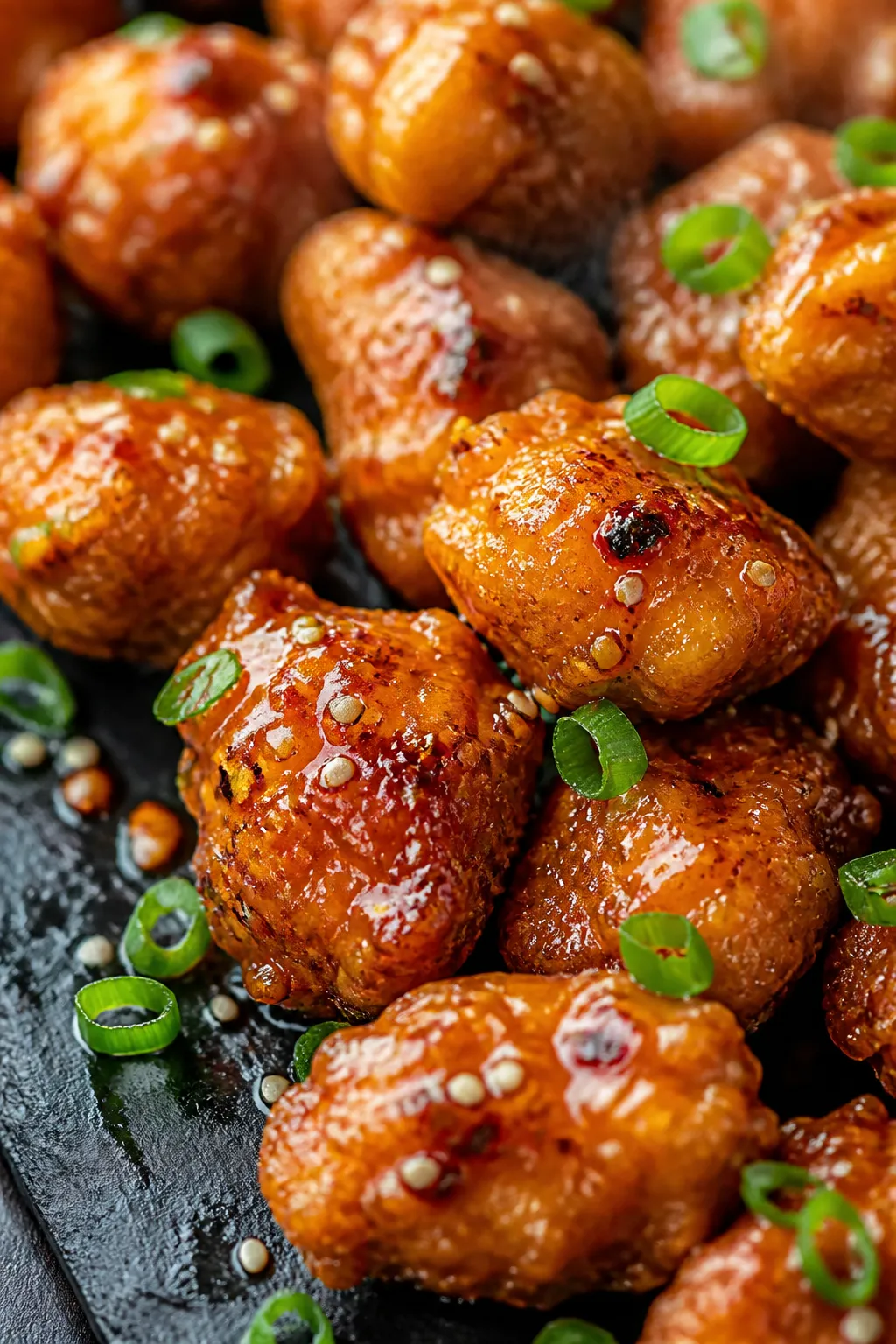 Close-up detail: Crispy hot honey high-protein chicken bites just after glazing, each 1-inch piece c