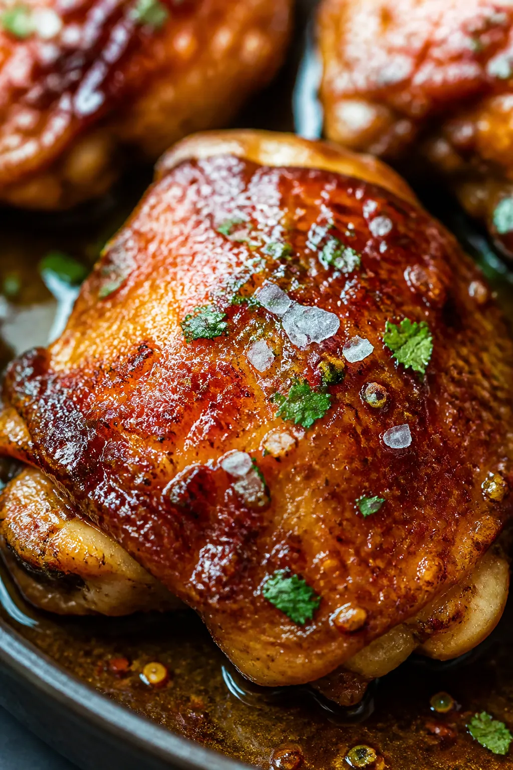 Close-up detail: Crispy, skin-on hot honey chicken thigh just after roasting, skin-side up with deep