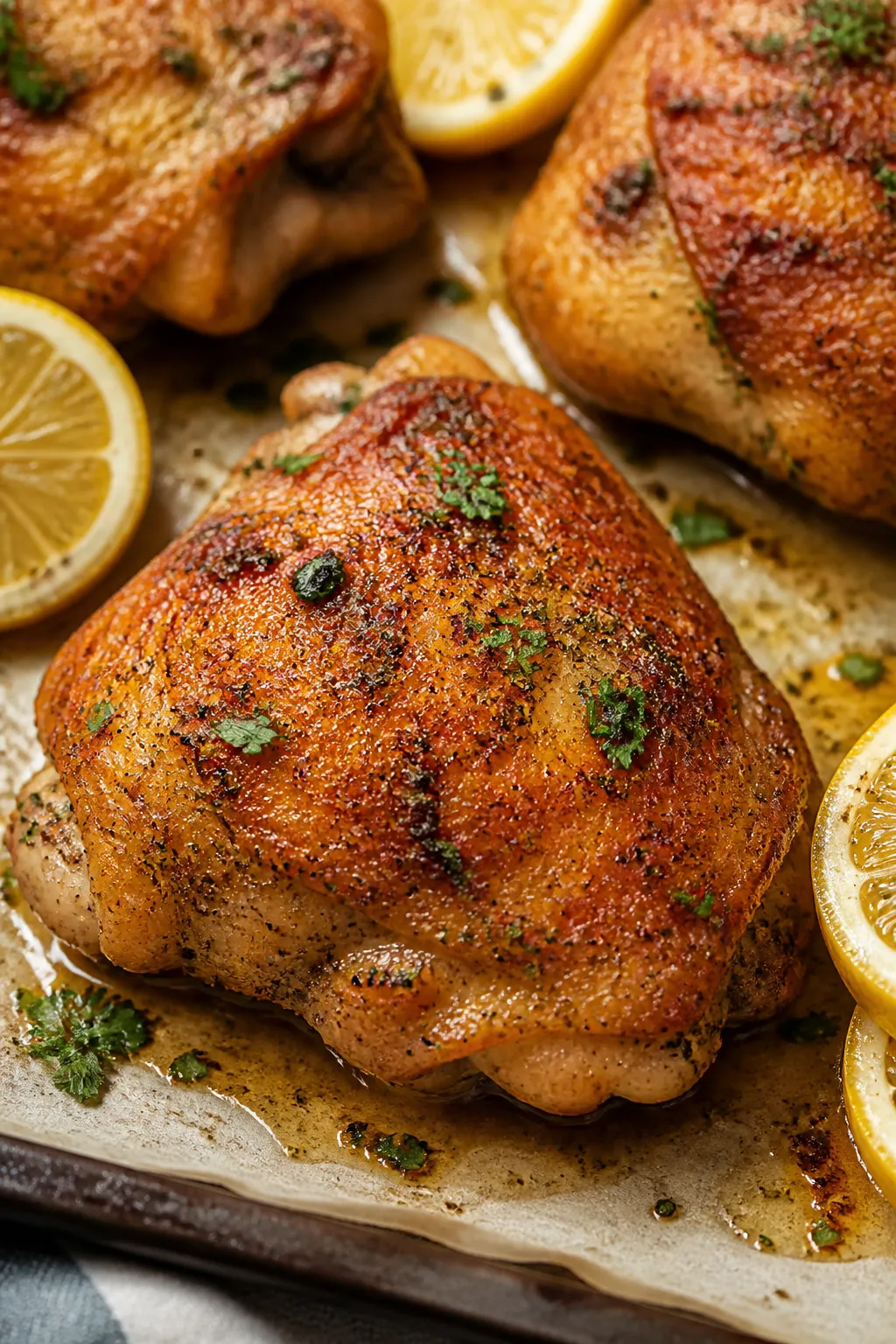 Close-up detail: Crispy-skinned lemon pepper chicken thigh just out of the oven, skin deeply golden 