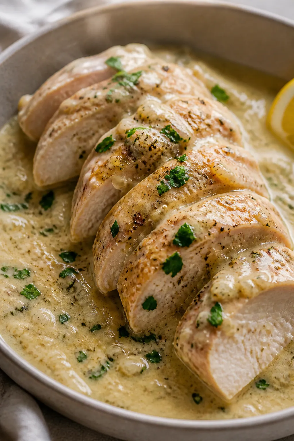 Close-up detail: Fork-tender crockpot garlic Parmesan chicken sliced and nestled in a silky, thicken