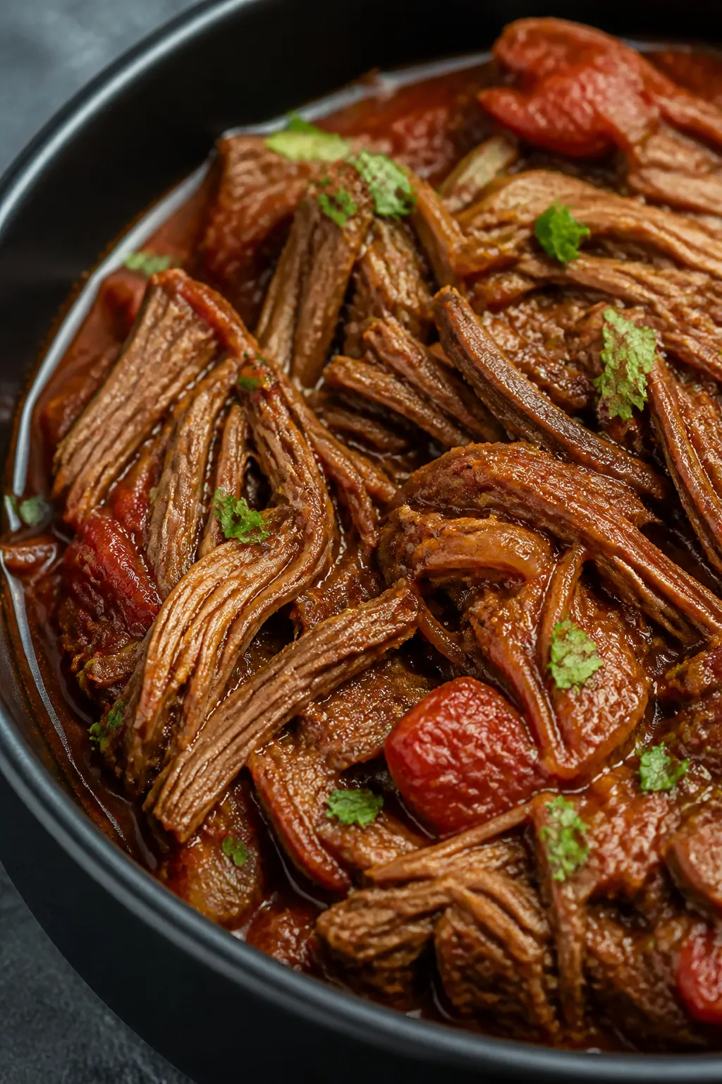 Close-up detail: Fork-tender Mexican shredded beef just pulled from the slow cooker, glistening with