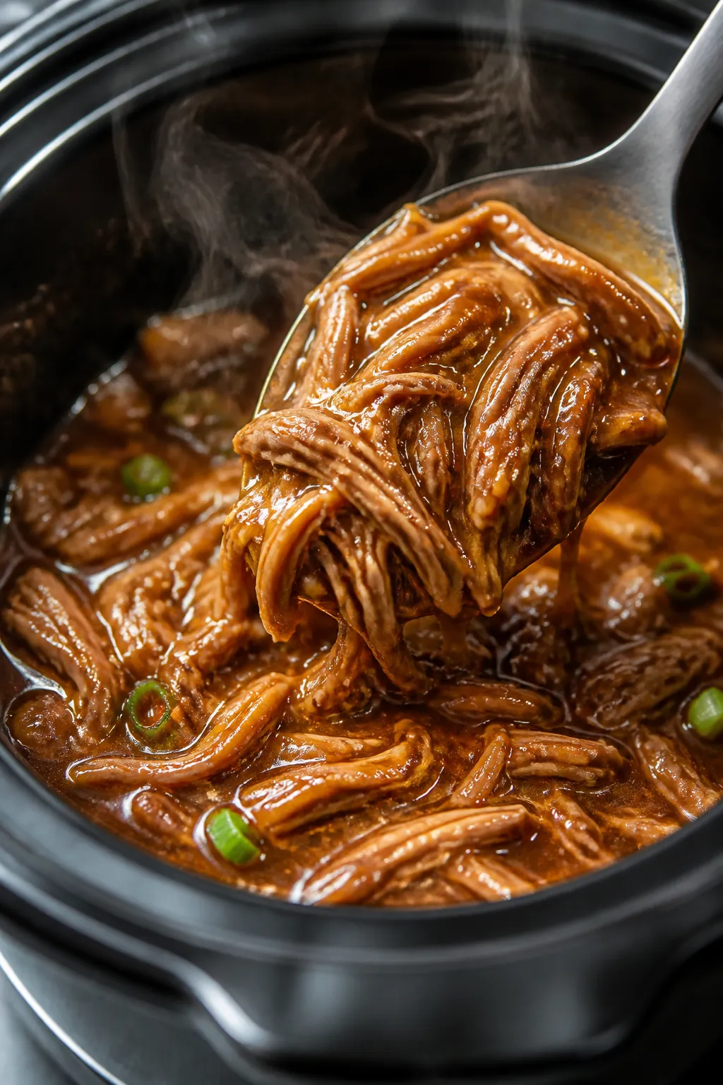 Close-up detail: Fork-tender shredded teriyaki chicken being folded back into a glossy, thickened sa