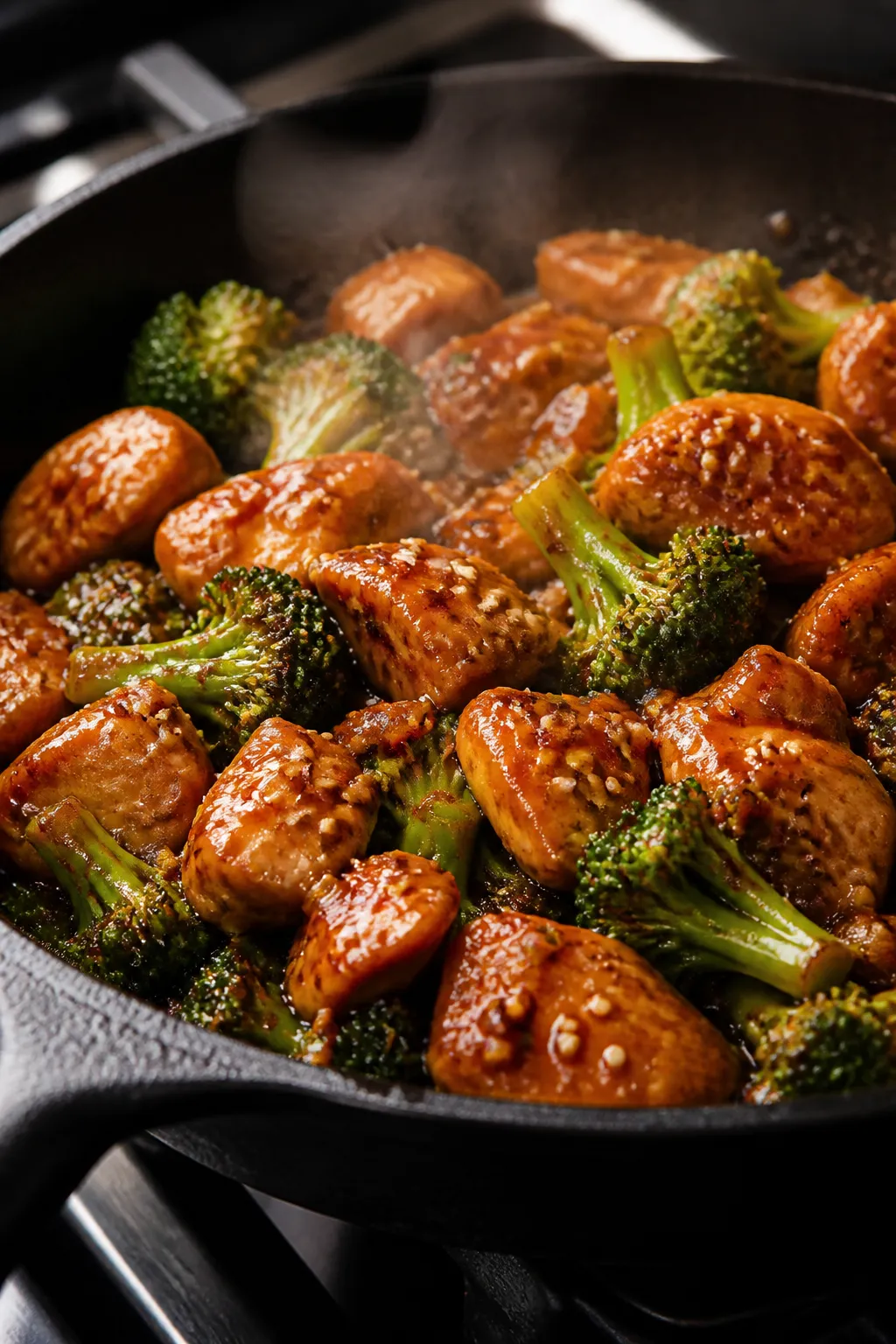 Close-up detail: Glossy, bite-size chicken pieces and crisp-tender broccoli tossed in a thickened so