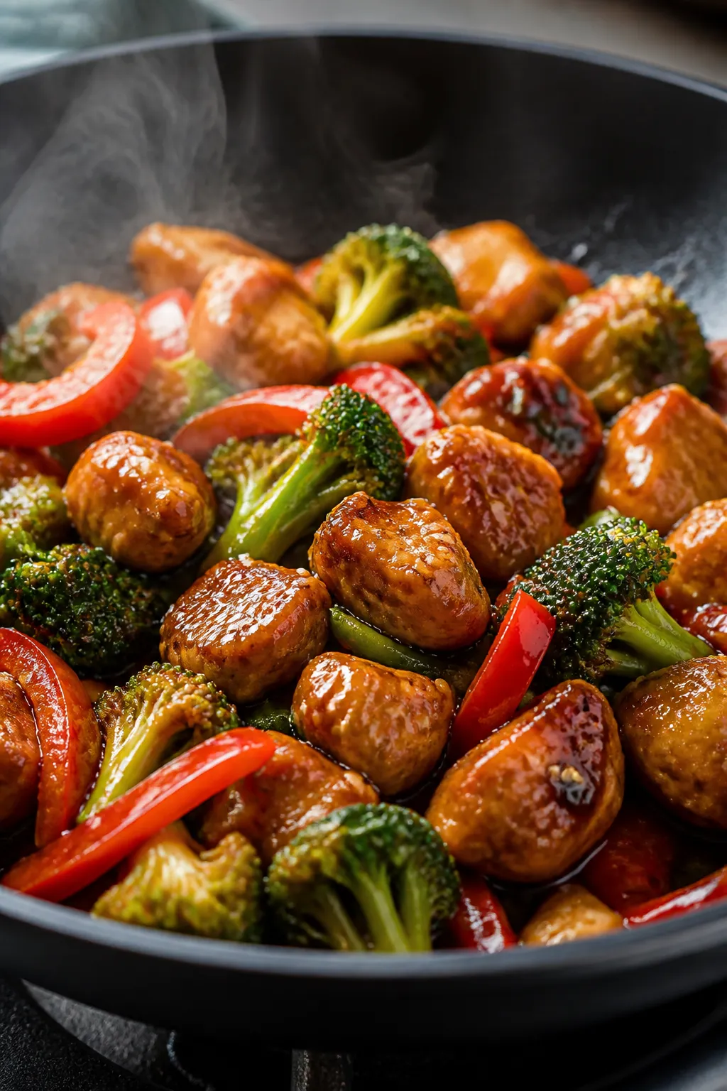 Close-up detail: Glossy teriyaki chicken bite-size pieces sizzling in a skillet with broccoli floret