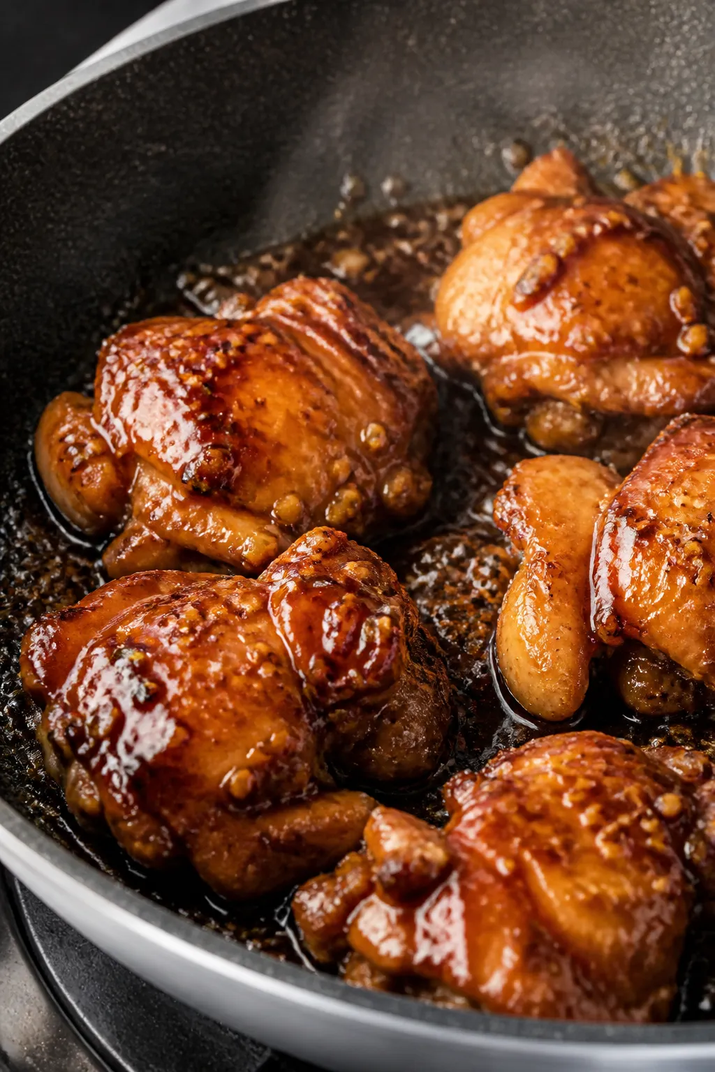 Close-up detail: Glossy teriyaki chicken thigh pieces sizzling in a skillet just after saucing, sauc