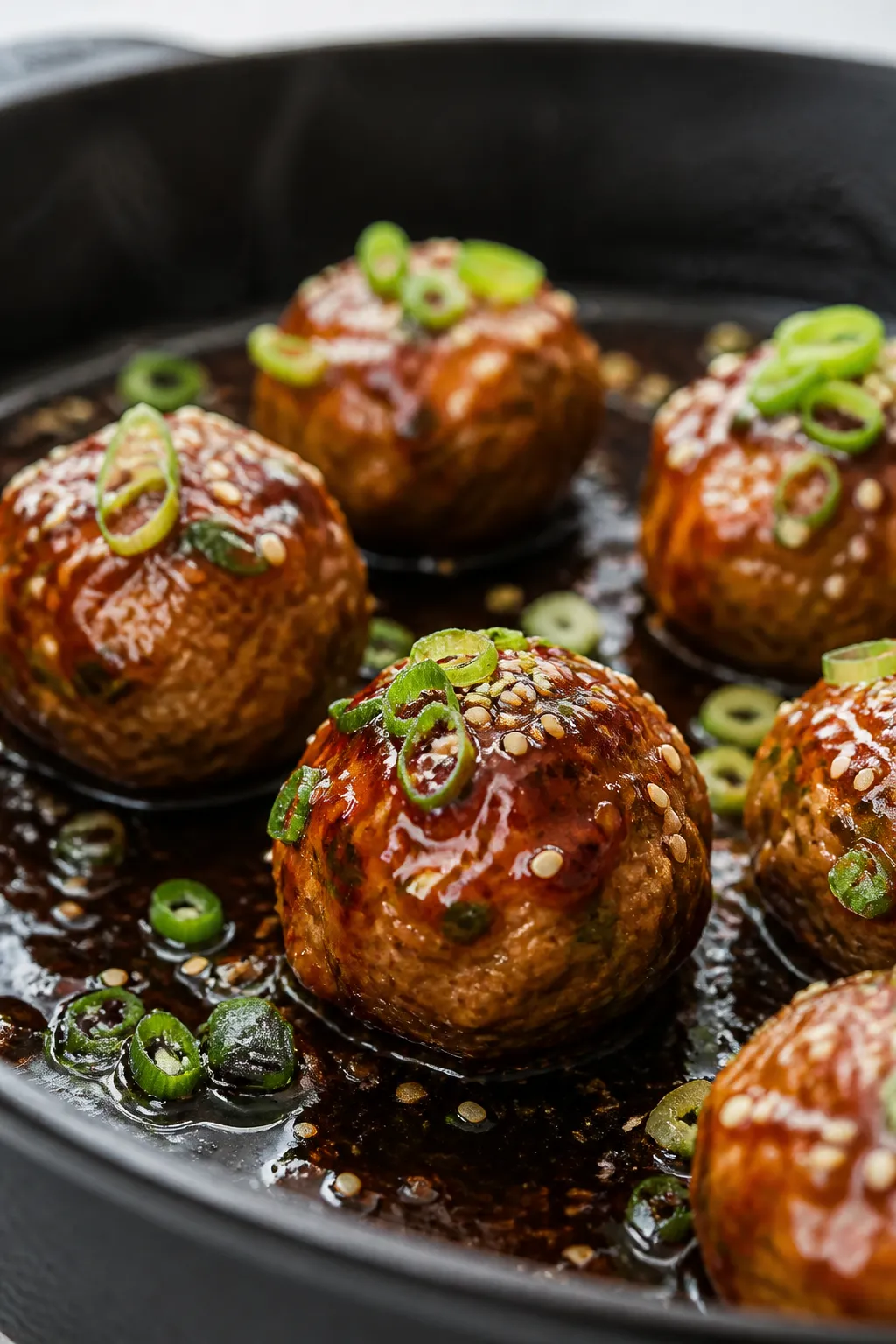 Close-up detail: Glossy teriyaki-glazed turkey meatballs just out of the pan, sauce clinging and poo