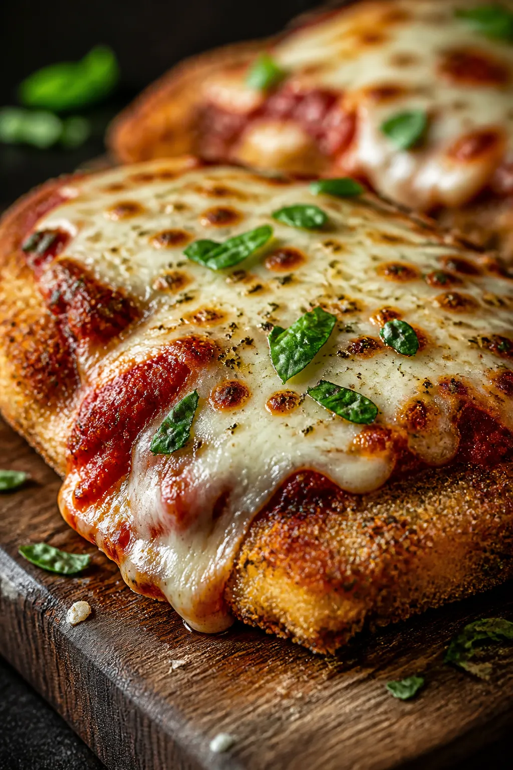 Close-up detail: Golden, air-fried chicken Parmesan cutlet just after melting, with bubbly low-moist