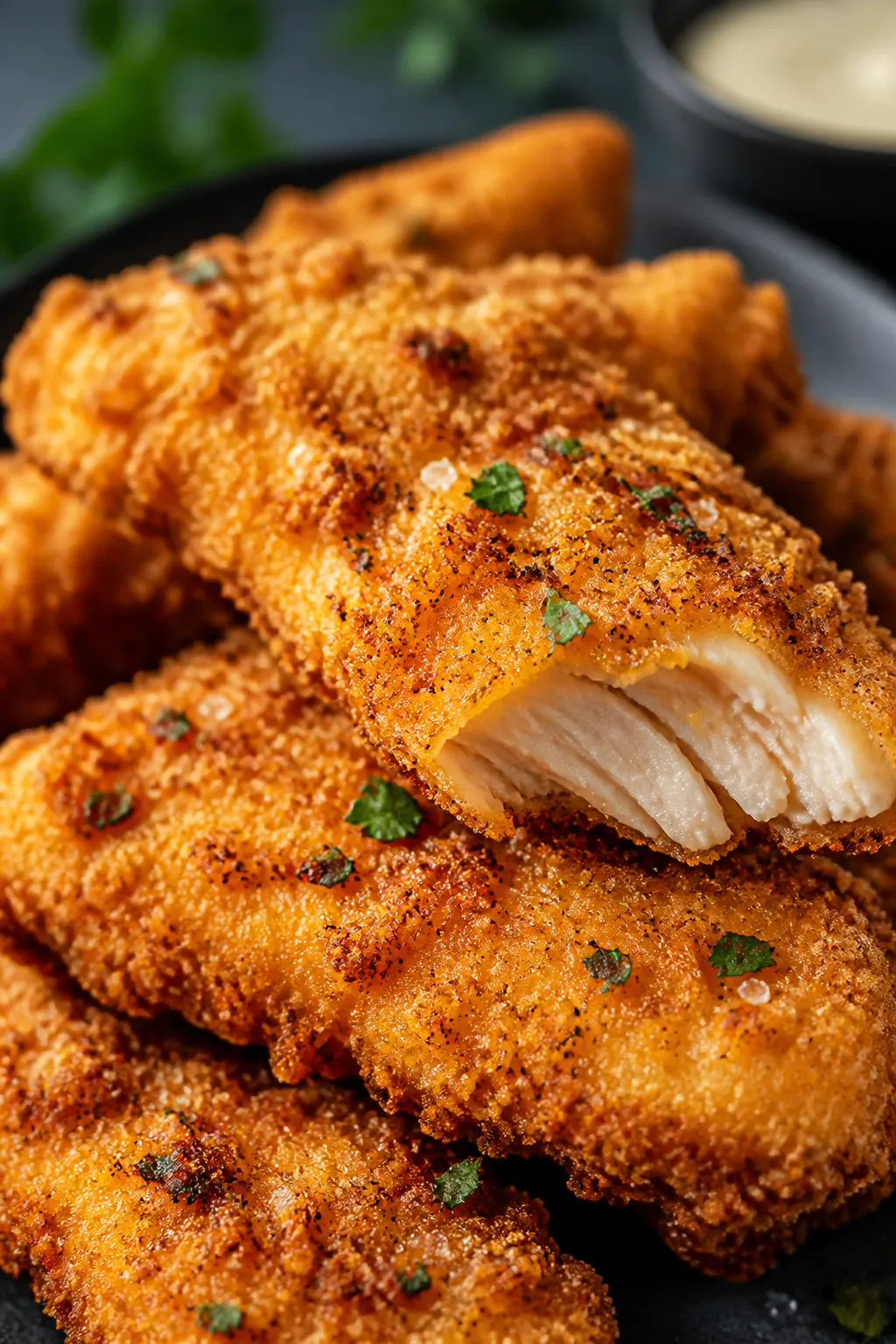 Close-up detail: Golden air-fried chicken tenders just out of the basket, deep crunchy panko-Parmesa