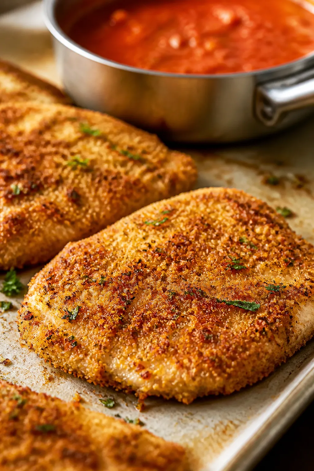 Close-up detail: Golden-brown baked chicken cutlet just out of the oven, the herby whole-wheat bread