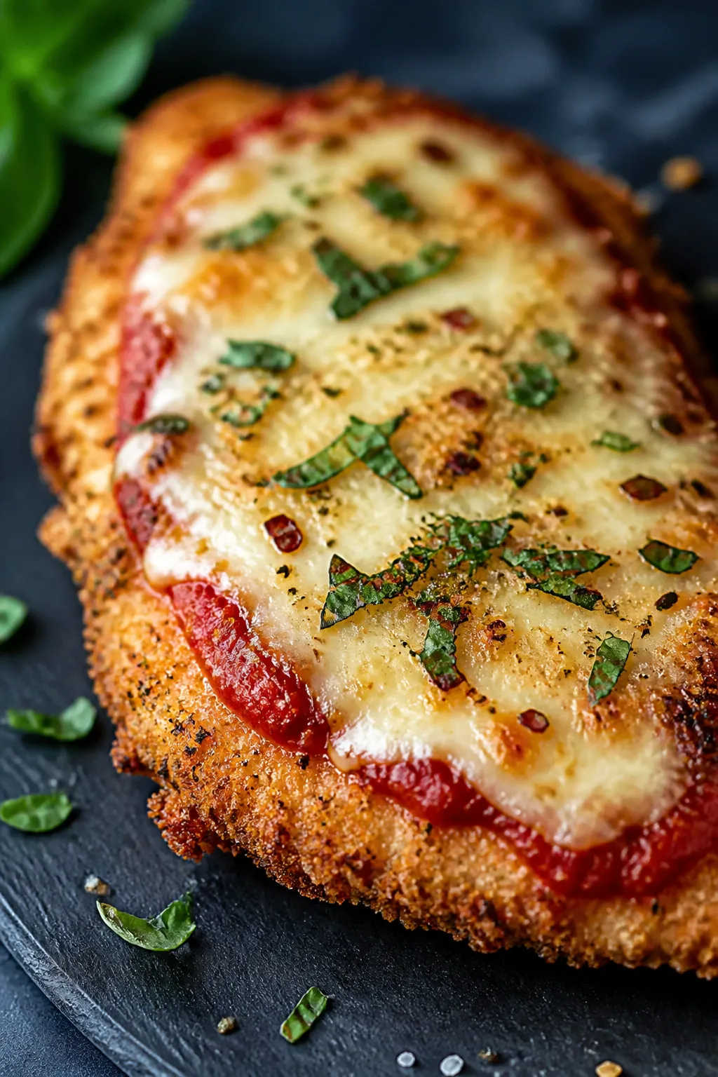 Close-up detail: Golden-brown chicken cutlet just out of the oven with a crisp Parmesan–high-prote