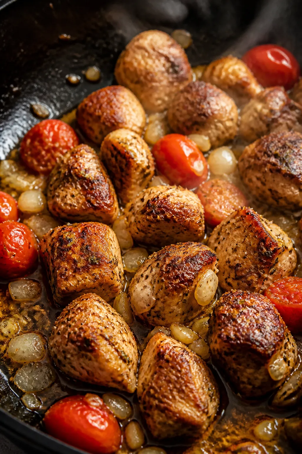 Close-up detail: Golden-browned chicken bites just seared in a skillet, coated with Italian seasonin