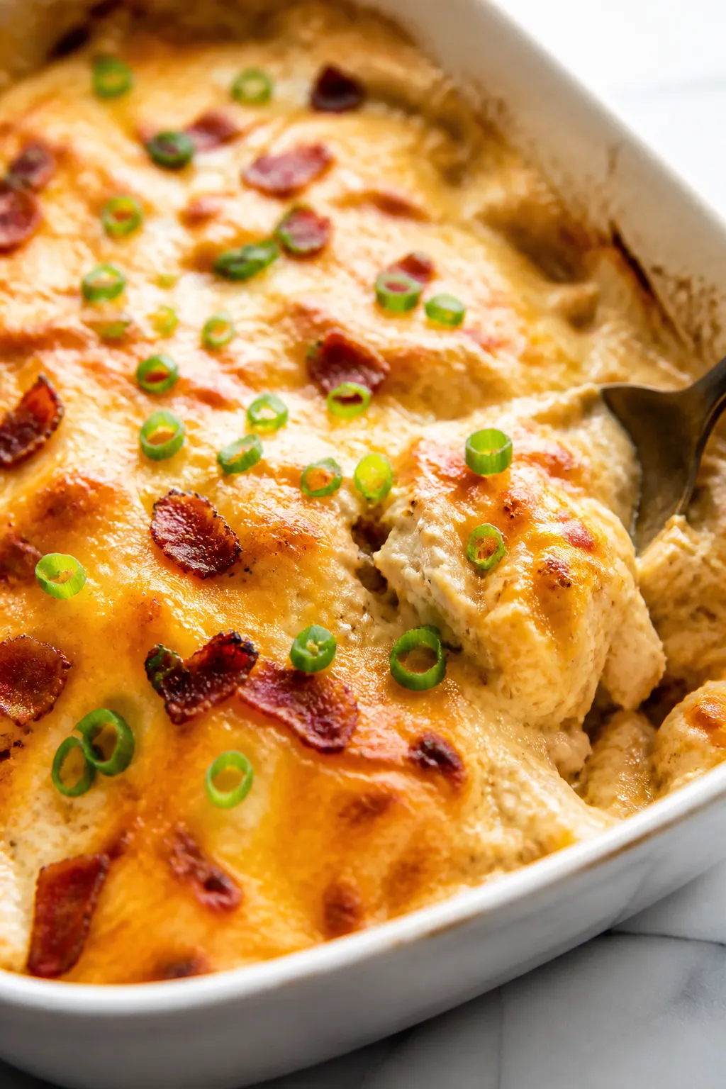 Close-up detail: Golden-bubbly High Protein Crack Chicken Bake just out of the oven, cheese melted a