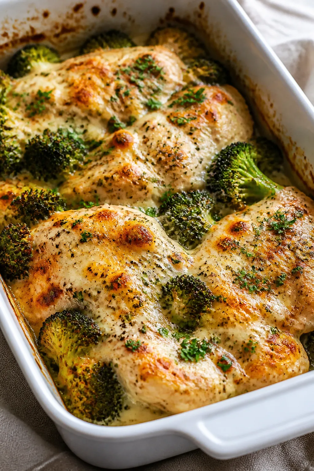 Close-up detail: Golden, bubbly High Protein Ranch Chicken Bake just out of the oven, showing melted