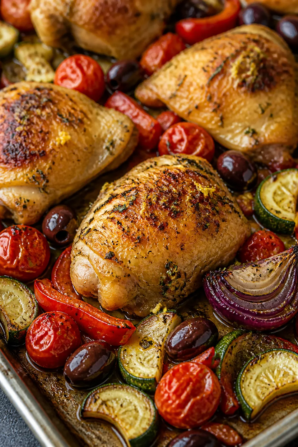 Close-up detail: Golden, crispy-skinned roasted chicken thighs nestled among blistered cherry tomato
