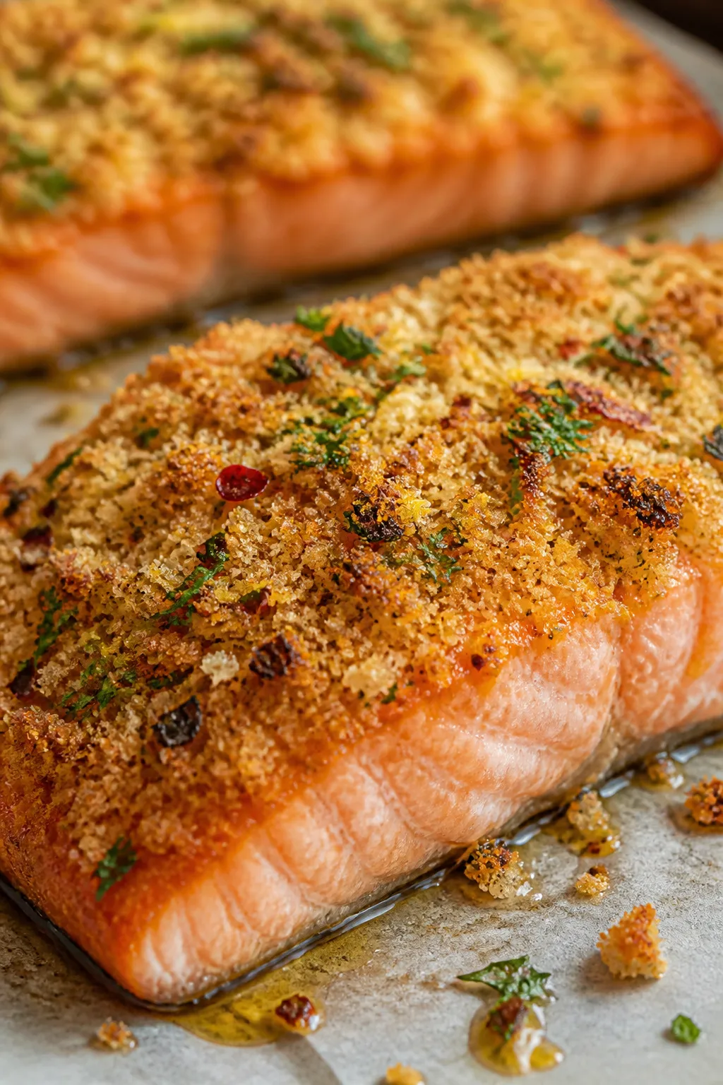 Close-up detail: Golden, garlicky Parmesan–panko crust on baked salmon just out of the oven, highl