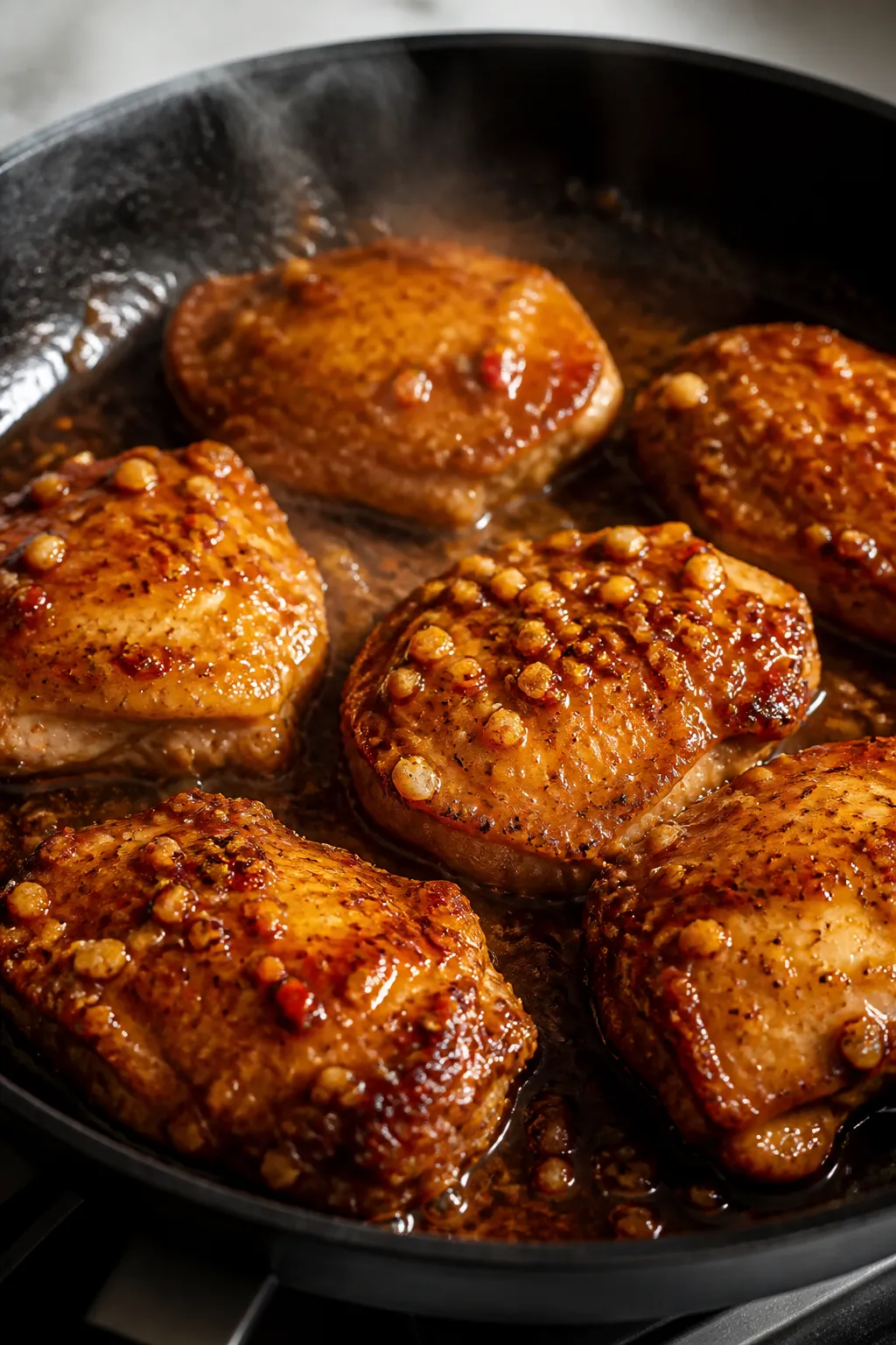 Close-up detail: Golden-seared boneless chicken thighs simmering in a skillet, coated in a glossy ho