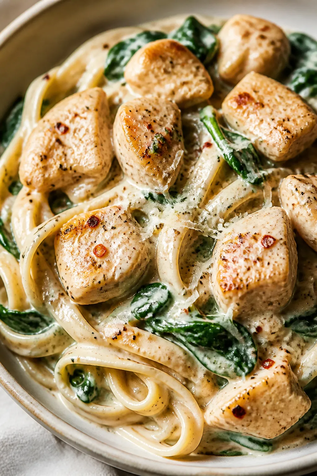 Close-up detail: Golden-seared chicken bites nestled in a creamy Greek-yogurt Alfredo sauce, flecks 