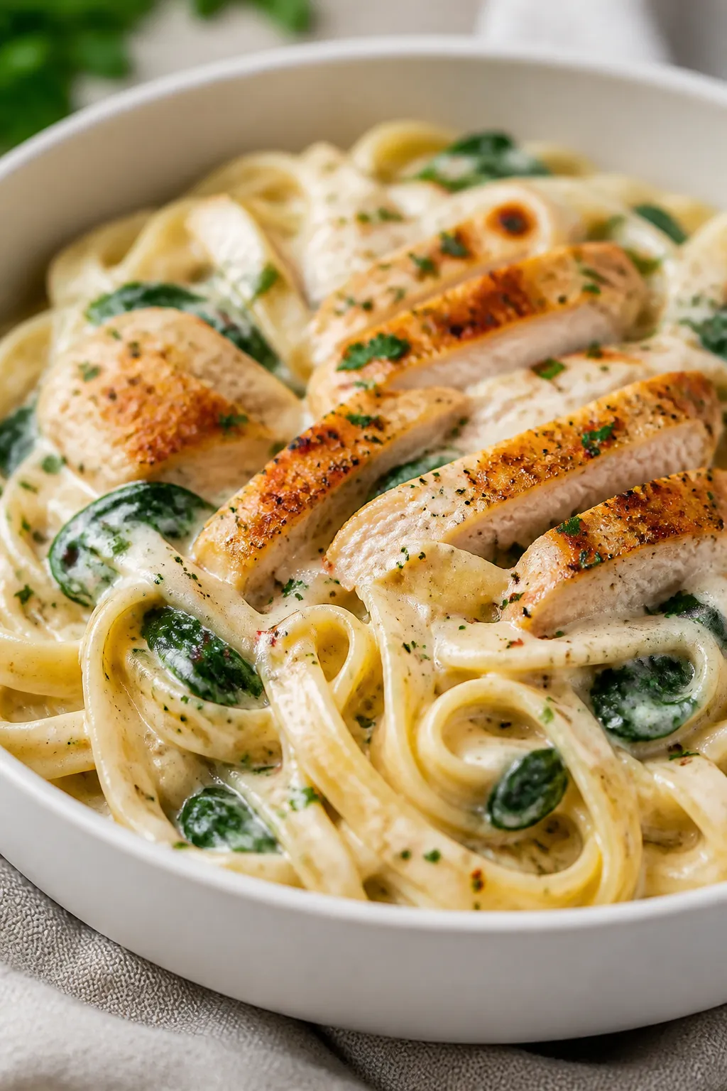 Close-up detail: Golden seared chicken breast slices nestled in glossy, creamy Alfredo sauce, strand