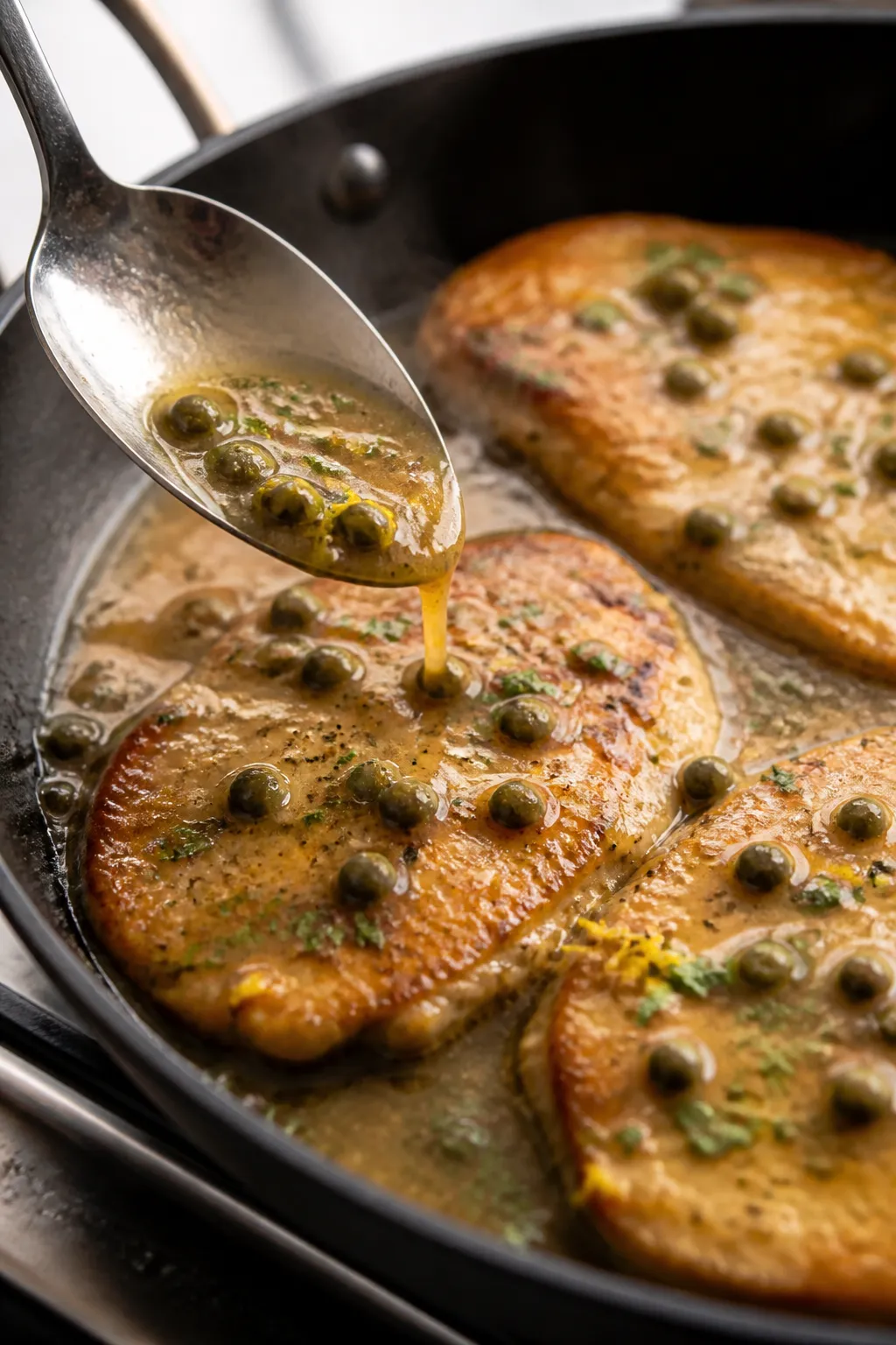 Close-up detail: Golden-seared chicken piccata cutlets just returned to the pan, glistening in a sil