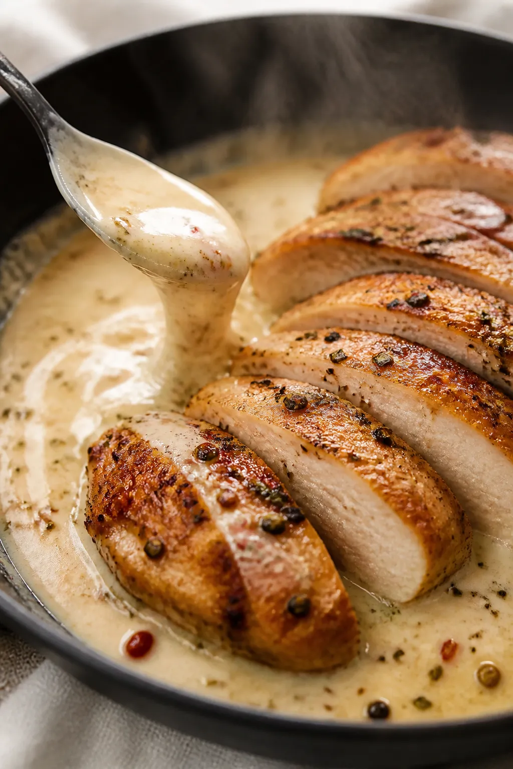 Close-up detail: Golden-seared chicken slices just off the skillet, showing caramelized edges and ju