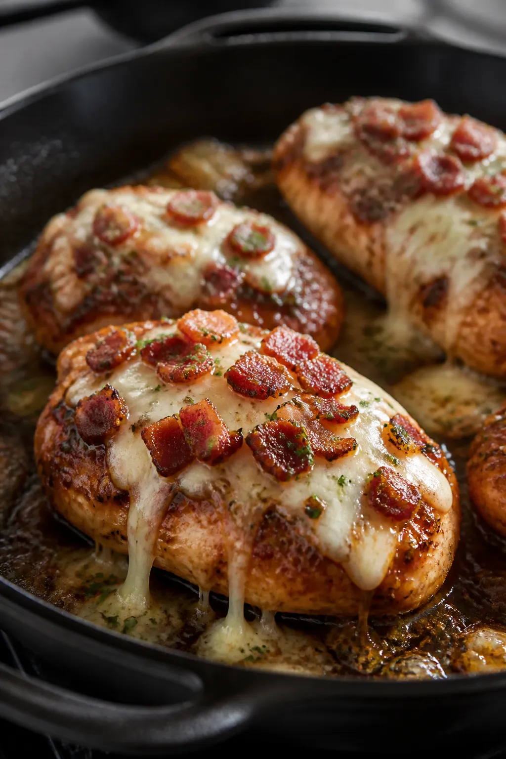 Close-up detail: Golden-seared Monterey chicken breasts in an oven-safe cast-iron skillet, brushed w
