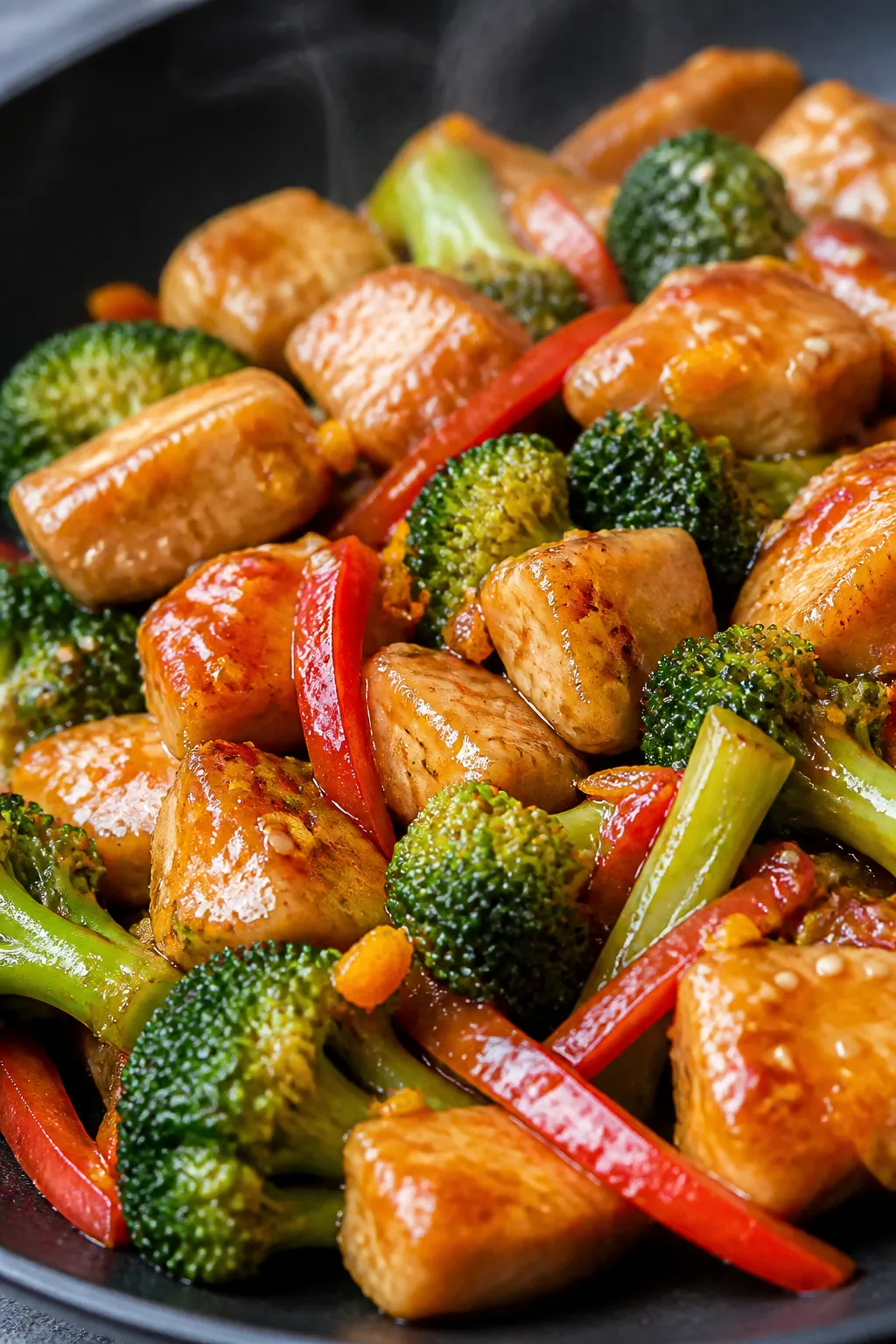 Close-up detail: Golden seared orange chicken bites glazed in a glossy citrus-soy sauce, clinging sh